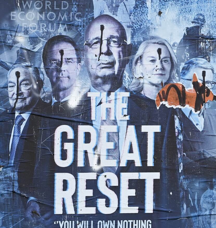 Poster waarop de indruk wordt gewekt dat Mark Rutte Sigrid Kaag Bill Gates Klaus Schwab en George Soros door hun hoofd zijn geschoten