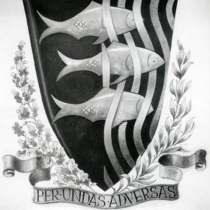 Logo - Het oude logo van de Binnenlandse Veiligheidsdienst (BVD) met vissen en de tekst 'Per Undas Adversas', wat zoveel betekent als: Tegen de stroom in